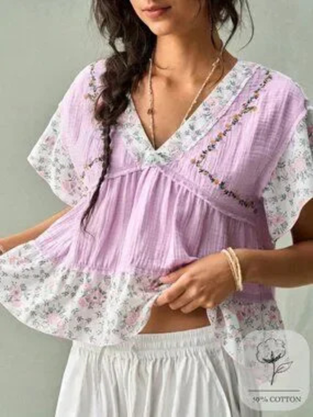 ZARA Purple Boho Women's French V-Neck Blouse